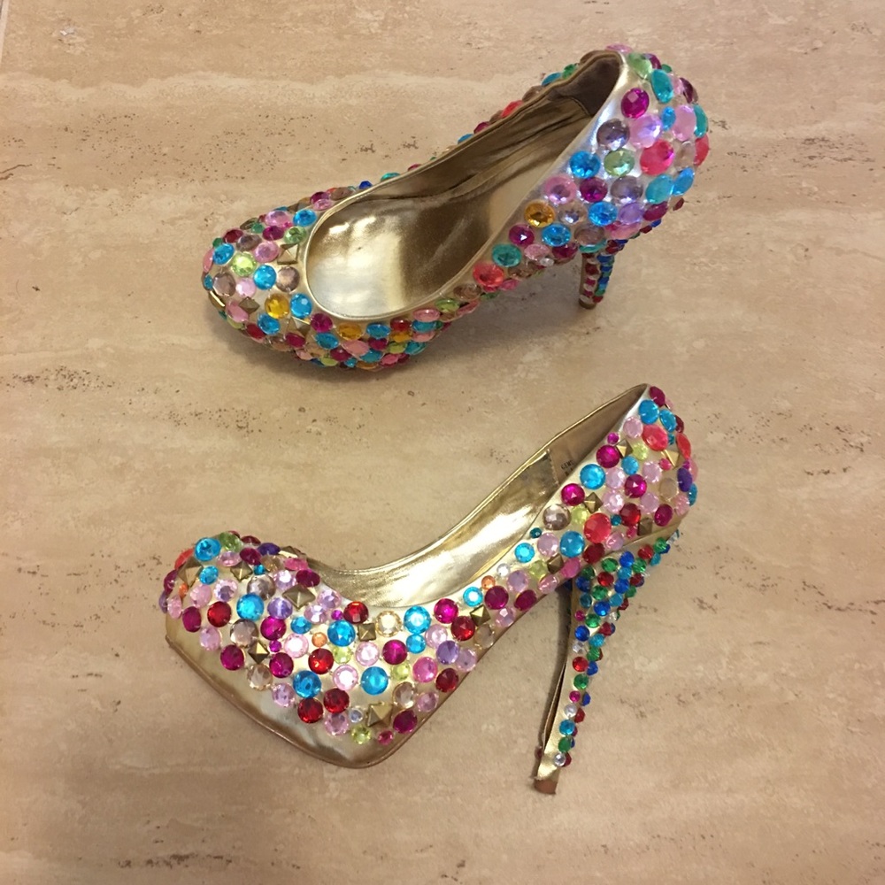 Multi Color Beaded Rhinestone Metallic Heels - Picture 3 of 8
